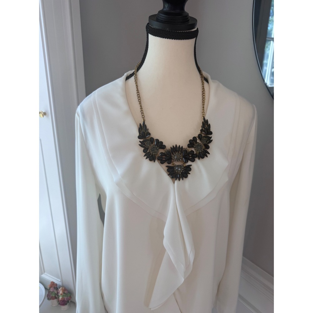 Black Floral Statement Bib Necklace Gold Tone Rhinestone Gothic Glam Runway 18" - Picture 2 of 11